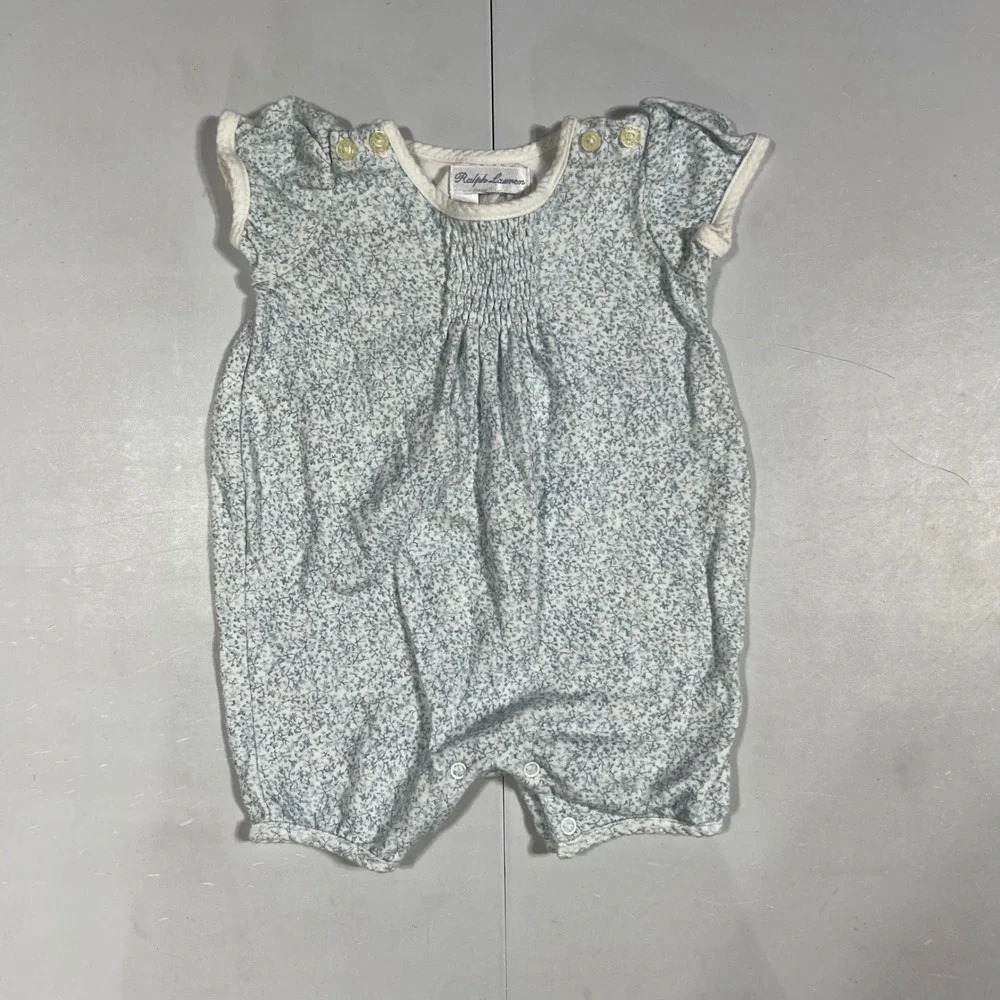 Ralph Lauren Baby Girl Blue Floral Smocked Ruffle Romper 3M Preppy Heritage